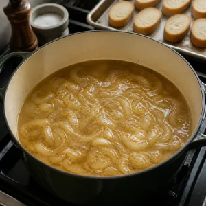 Zuppa di cipolle calda con fette di baguette su una teglia