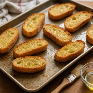 Fette di baguette spennellate con olio d'oliva e tostate su una teglia