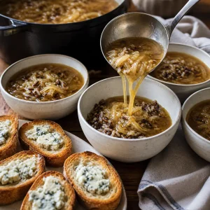 Zuppa di cipolle versata sul riso selvatico con crostini al formaggio blu pronti