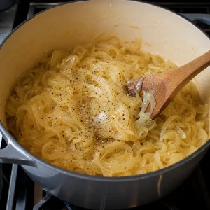 Cipolle morbide e dorate chiare condite con sale e pepe