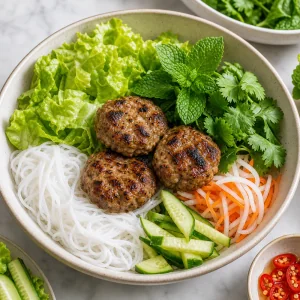 Bún chả bowl assembled with noodles, herbs, pickles, cucumber, and pork patties
