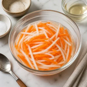 Carrot and daikon matchsticks soaking in quick pickle brine