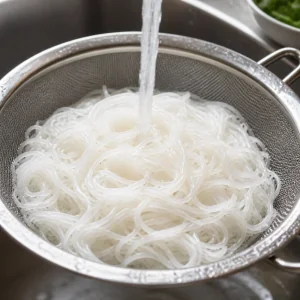 Cooked rice vermicelli draining in a strainer