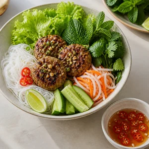 Finished bún chả bowl served with dipping sauce on the side