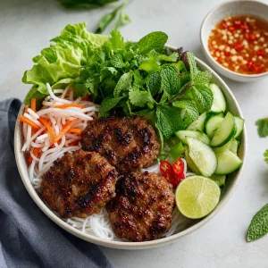 Finished bún chả noodle bowl with grilled pork, herbs, pickles, cucumber, and dipping sauce