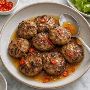 Grilled pork patties resting in dipping sauce
