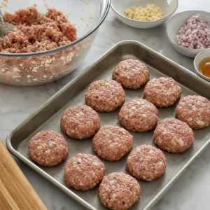 Seasoned ground pork shaped into small patties