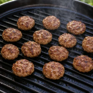 Small pork patties browning on a grill