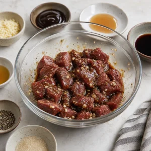 Beef cubes marinating with garlic and sauces in a mixing bowl