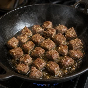 Beef cubes searing in a hot wok with shimmering oil