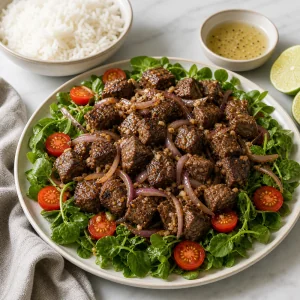 Finished shaking beef spooned over watercress with rice and lime-pepper sauce