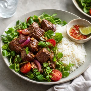 Vietnamese shaking beef served over watercress with rice and lime-pepper sauce