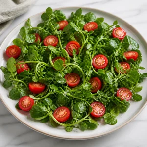 Watercress and cherry tomatoes arranged on a serving platter