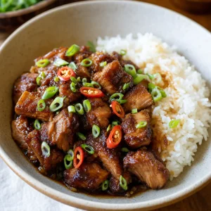 Cerdo al caramelo servido con arroz jazmín y salsa