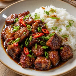Porc au caramel servi avec du riz jasmin