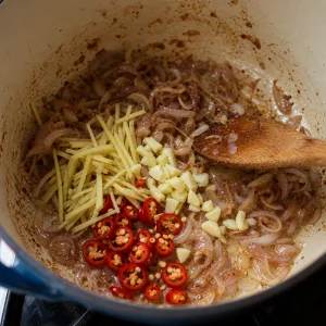 Jengibre, ajo y chiles mezclados con chalotas