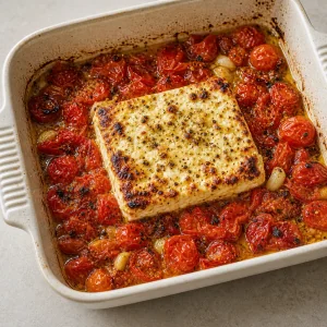 Baked feta with blistered roasted cherry tomatoes in a ceramic baking dish