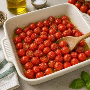 Cherry tomatoes tossed with olive oil, salt, and black pepper in a ceramic baking dish
