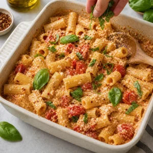 Cooked rigatoni tossed with creamy feta tomato sauce and fresh basil