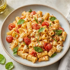 Creamy baked feta pasta with roasted cherry tomatoes and fresh basil