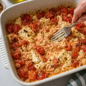 Fork mashing baked feta and roasted cherry tomatoes into a creamy rustic sauce
