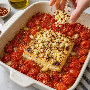 Minced garlic and red pepper flakes sprinkled over hot baked feta and tomatoes