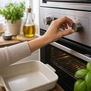 Preheating the oven with an empty ceramic baking dish ready for baked feta pasta