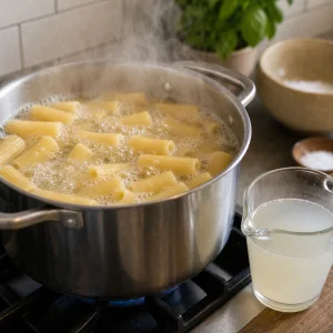 Rigatoni boiling in salted water with reserved pasta water beside the pot