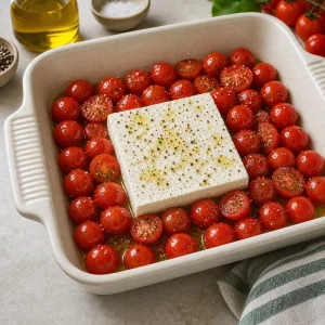 Whole feta block placed in the center of seasoned cherry tomatoes before baking