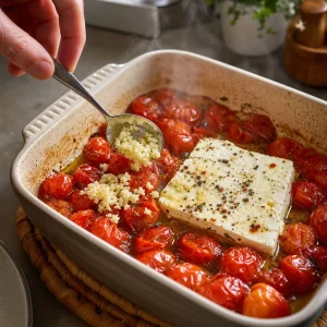 Minced garlic added to hot roasted tomatoes and feta after baking