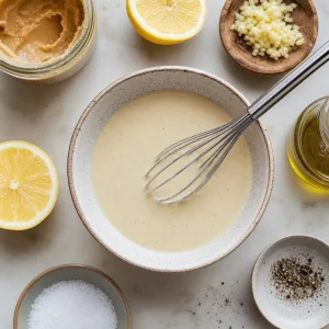 Kremowy sos tahini wymieszany z sokiem z cytryny czosnkiem oliwa i woda