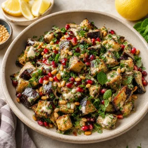 Fertiger warmer Auberginensalat mit Tahini frischen Krautern Granatapfelkernen und Pinienkernen