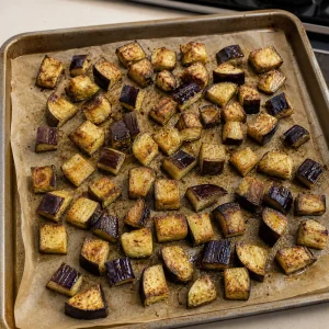 Kostki pieczonego baklazana rozlozone na blasze az beda zlote i miekkie