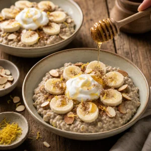 Bols de porridge garnis de yaourt, de banane, de miel et d’amandes