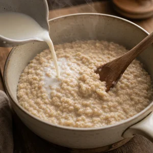 Porridge d’avoine crémeux remué pendant que du lait est versé