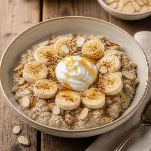 Porridge chaud terminé avec yaourt, banane, miel et amandes