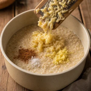 Banane et gingembre râpés ajoutés à une avoine crémeuse avec de la cannelle