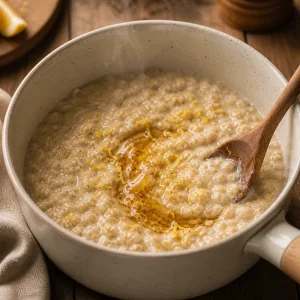 Miel et zeste de citron mélangés dans un porridge d’avoine crémeux