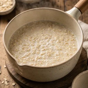 Flocons d’avoine mijotant avec du lait dans une petite casserole