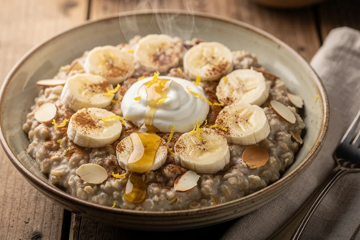 Warm Ginger Banana Oat Porridge with Honey and Yogurt