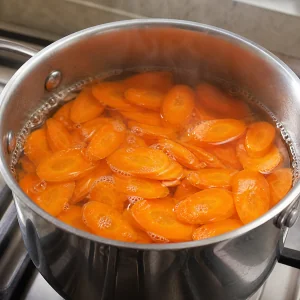Carrot slices simmering in a saucepan