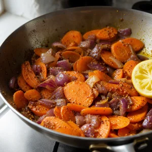 Carrots and red onion coated in spiced oil with lemon