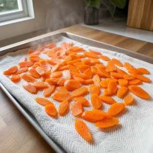 Drained carrot slices drying on a kitchen towel