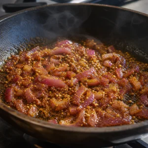 Ground spices blooming with red onion and mustard seeds