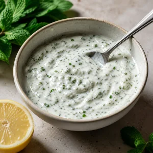 Mint yogurt sauce mixed in a small bowl