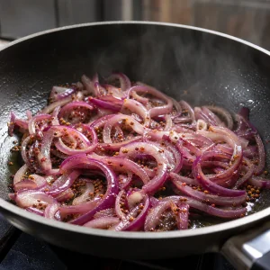 Red onion softening with mustard seeds in a skillet
