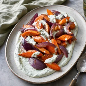 Spiced carrots and red onion plated over mint yogurt
