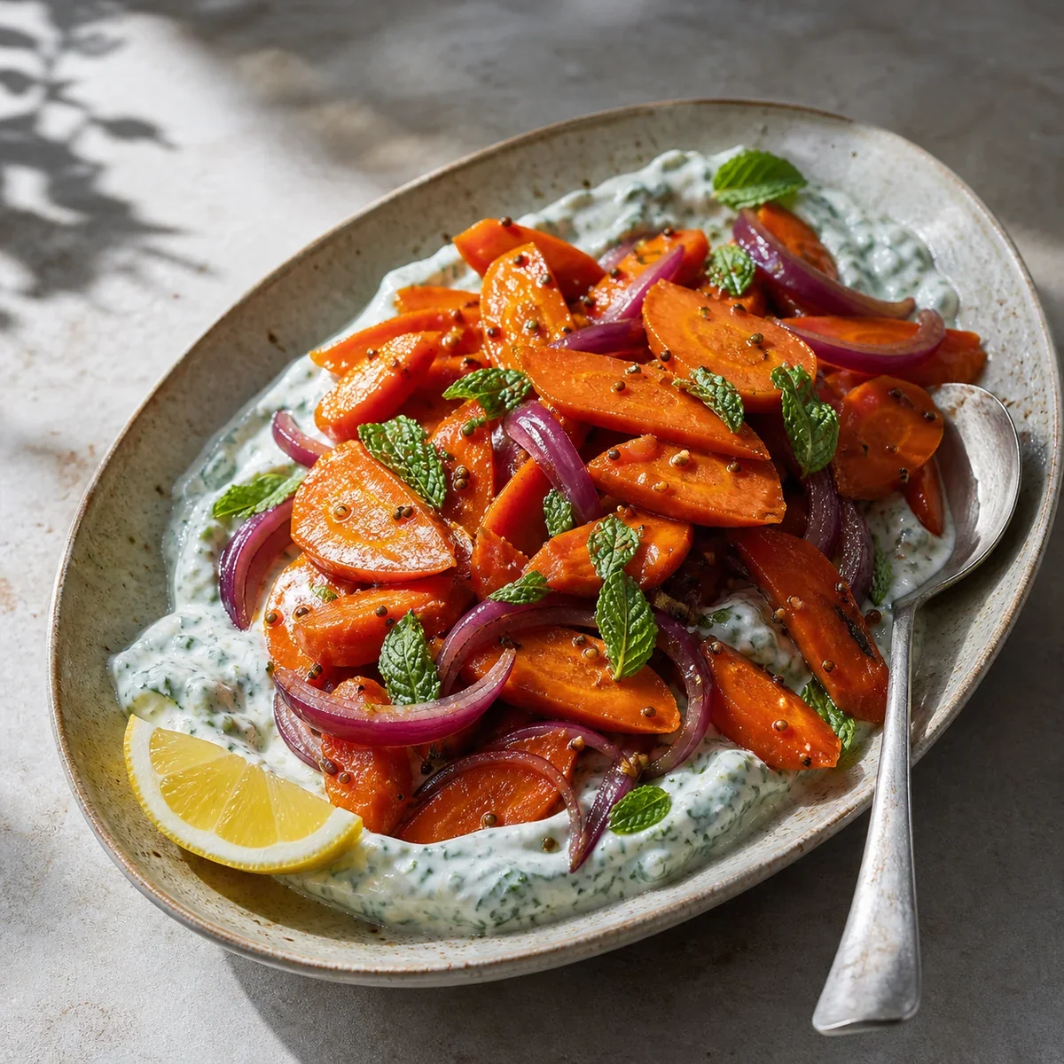 Warm spiced carrot salad with red onion and mint yogurt