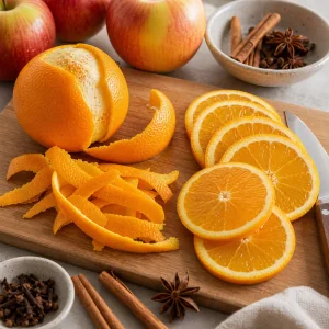 Orange peel strips and orange wheels with cider spices