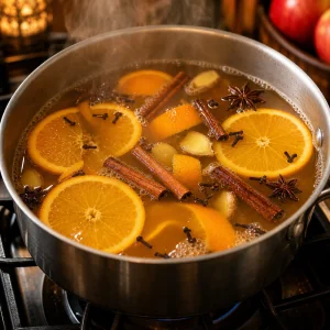 Spiced apple cider gently simmering with orange wheels and cinnamon